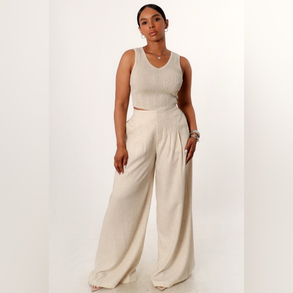 Pants - Elegant Cream Wide-Leg Pants Set